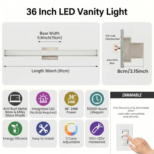 URSOLA 36" Modern LED Bathroom Light Fixtures, Brushed Nickel 3CCT Dimmable Bathroom Vanity Light Over Mirror, Bathroom Vanity Bath Bar Lights with Double Layer Acrylic Shade - color: Brushed Nickel, size: 36inch