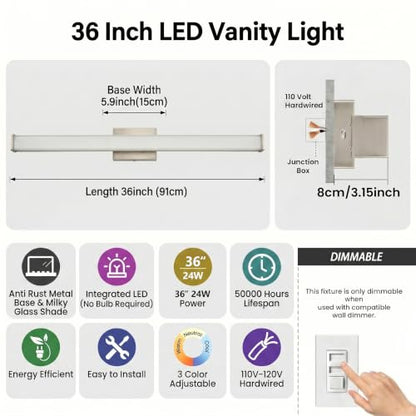 URSOLA 36" Modern LED Bathroom Light Fixtures, Brushed Nickel 3CCT Dimmable Bathroom Vanity Light Over Mirror, Bathroom Vanity Bath Bar Lights with Double Layer Acrylic Shade - color: Brushed Nickel, size: 36inch