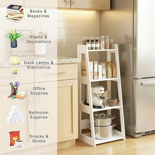 4-Tier Bathroom Ladder Shelf Freestanding, 12.6" W x 37" H | White Floor Shelves, Small Bookshelf, Nightstand, for Home Study, Laundry Room, Open Display Rack, 11.8" Deep - size: 11.0”D x 12.6”W x 37”H