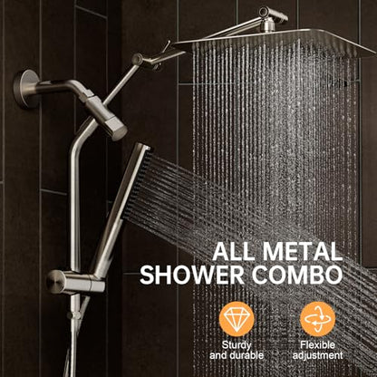 Veken 10" Luxurious Brushed Nickel All Metal Rain Shower Head with Handheld Spray Combo, High Pressure Rainfall Square Shower Heads with Extension Arm, Wide Dual Showerhead, Bathroom Accessories - color: Brushed Nickel