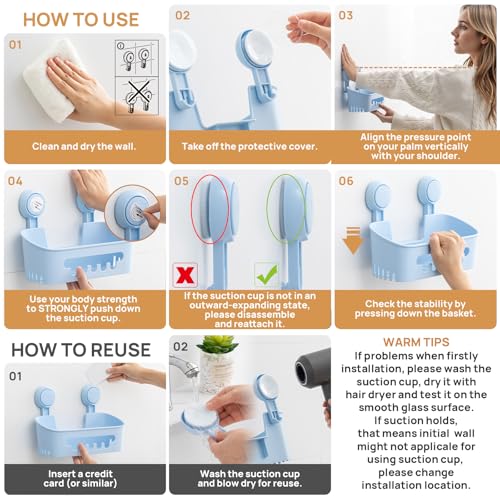 Shower Caddy Suction Cup Set Shower Organizer & Soap Holder, Blue | Toothbrush Holder, Bathroom Shelf Basket NO-Drilling, Removable Shower Storage, Waterproof Bathroom Holder - color: 3 × Blue