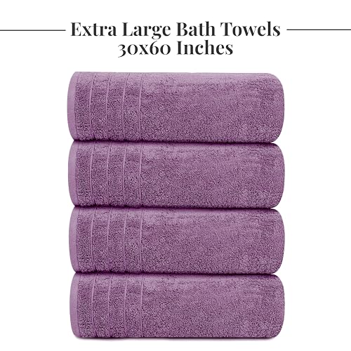 4 Piece Extra Large Bath Towels 30 x 60 Inches, Purple | 100% Cotton, Larger & Lighter Weight, Quicker to Dry, Super Soft and Absorbent, Perfect for Bathroom - color: Purple