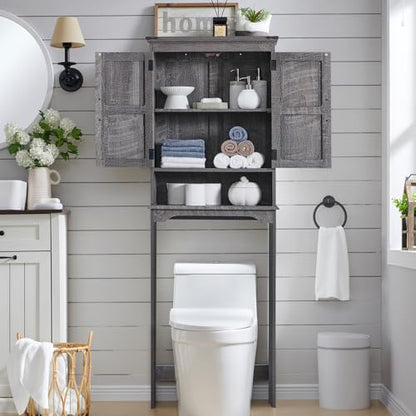 67" Farmhouse Over The Toilet Storage Bathroom Cabinet, Grey Wash | Double Barn Doors, Adjustable Shelf, Open Cubby, Weathered Finish - color: Grey Wash