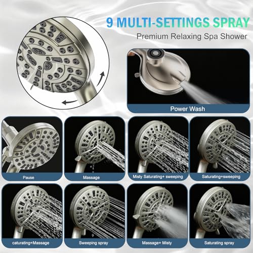 9 Settings High Pressure Magnetic Shower Head with Handheld | Power Wash for Tub&Tile, Magnetic Bracket, Pause Mode for Water Saving, Easy Clean Nozzles, Stainless 6ft Hose, Satin Nicke - color: Satin Nickel