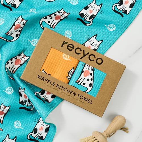 RECYCO Waffle Kitchen Towel Set of 2 - Quick Dry Microfiber Sustainable Dish Towels - Ultra Absorbent Reusable Cleaning Tea Towels - Lightweight Hand Towels,16”x 28”, Cuddly Cats - color: Cuddly Cats