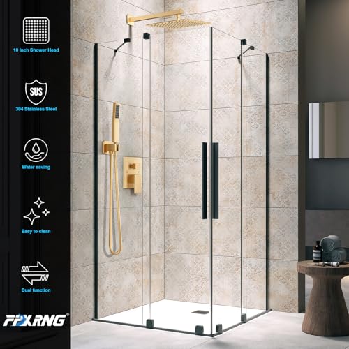 FPXRNG Shower Faucet Set Rainfall Shower System with Square Shower Head and Handle Set Rough-in Valve and Metal Trim Kit Included Paint Gold 10 Inch Wall Mounted Shower Fixtures - color: Paint Gold, size: 10 Inch Wall Mount Shower Head