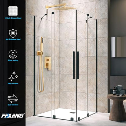 FPXRNG Shower Faucet Set Rainfall Shower System with Square Shower Head and Handle Set Rough-in Valve and Metal Trim Kit Included Paint Gold 10 Inch Wall Mounted Shower Fixtures - color: Paint Gold, size: 10 Inch Wall Mount Shower Head
