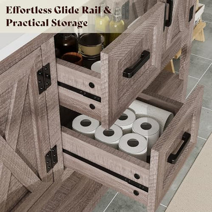 AMERLIFE 60" Gray Farmhouse Double Sink Bathroom Vanity, Solid White Top | Light Gray, Solid White Integrated Top, Moisture-Resistant MDF, 4 X-Panel Doors, 2 Drawers, Open Shelf, Paper Towel Holder - color: Light Gray, size: 60”