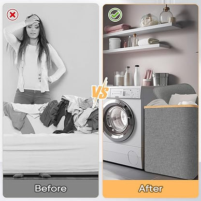 BALEINE Laundry Hamper with Lid, Tall Laundry Baskets with Bamboo Pull Handles, Large Laundry Bin with Internal Support (36 Gal/140L, Grey) - color: Grey, size: 140 liters