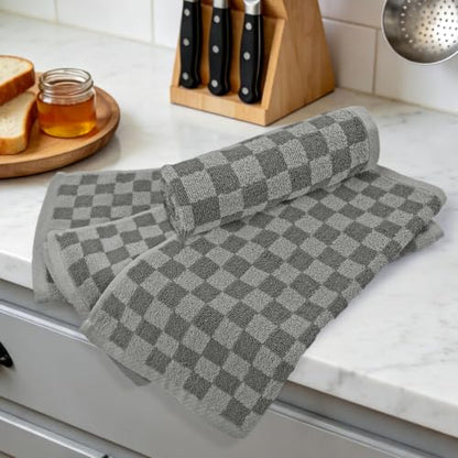 Jacquotha Grey Checkered Washcloths Set of 4 - Cotton Face Towels 13" x 13" | Soft Wash Cloths Facecloths, Bathroom & Showering, Kitchen Rags, Skincare & Makeup Routine, Cute Aesthetic - color: Grey