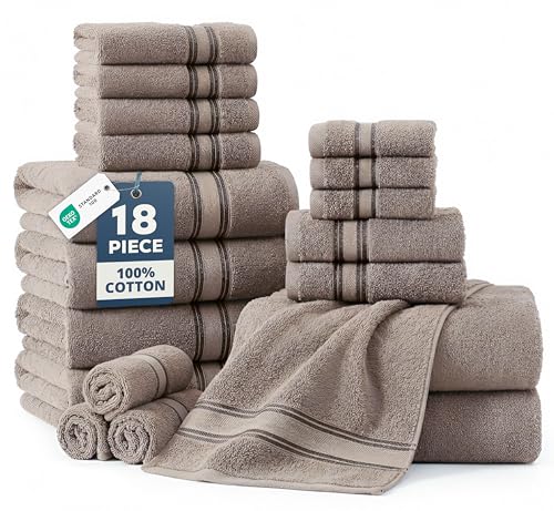 LANE LINEN Towel Set Soft Absorbent Quick Dry 100% Cotton - Platinum | Cotton Bath Towels - Lightweight & Breathable, Fade-Resistant Color, Classic Terry Weave, Densely Woven, Hotel-Style Look - color: 05: Platinum, size: 18 Piece Towel Set
