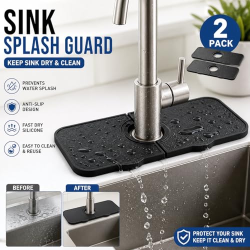 Silicone Sink Splash Guard for Faucet, 2 Pack, 37 x 14 cm, Compact Size for Small Sinks” Water Catcher Mat, Anti-Slip, Quick Dry Kitchen Sink Protector (Black)