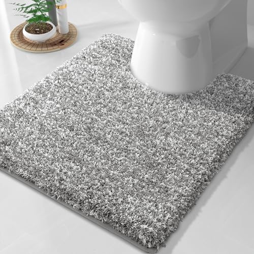 Yimobra Fluffy Toilet Rugs U Shaped, Shaggy Soft Comfortable Non Slip, Water Absorbent Microfiber Bath Mat, Dries Quickly, Machine Washable Thick Bathroom Floor Rugs, 24"x 20", Light Gray and White - color: Light Gray and White, size: 20" X 24" Contour Ru