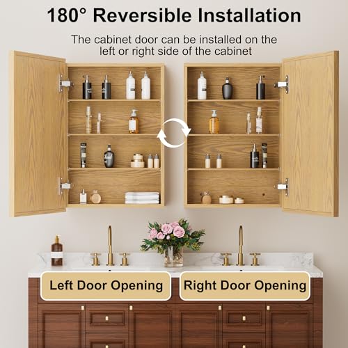 24x30 Inch Wood Medicine Cabinet with Mirror for Bathroom, Oak Finish | Recessed or Wall Mounted Cabinets, Adjustable Shelf, Soft-close Hinges, HD Reflection, Reversible Installation - size: 24x30
