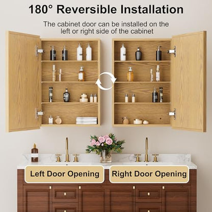 24x30 Inch Wood Medicine Cabinet with Mirror for Bathroom, Oak Finish | Recessed or Wall Mounted Cabinets, Adjustable Shelf, Soft-close Hinges, HD Reflection, Reversible Installation - size: 24x30