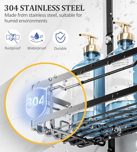 OMAIRA Shower Caddy Hanging Over the Shower Head - Rustproof Shower Organizer Hanging with Soap Scrub Holder, Non-Slip Stainless Steel Bathroom Storage Rack & Shelves, No Drilling, Black - color: Black