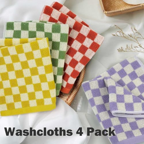 Jacquotha Wash Cloths Checkered 4 Pack 4 Colors | Cotton Washcloths for Face Body, 13 x 13 Inches Daily Cleansing Kitchen Towels - color: 4 Colors