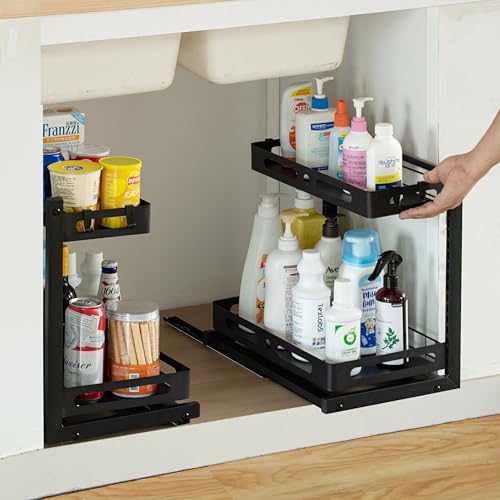 Adjustable Height Under Sink Pull-Out Organizer 2-Tier Sliding Shelf Rack Heavy-Duty Mesh Baskets for Kitchen & Bathroom Cabinets Ideal for Tall Bottles Cleaning Supplies & Tight Spaces - size: Single