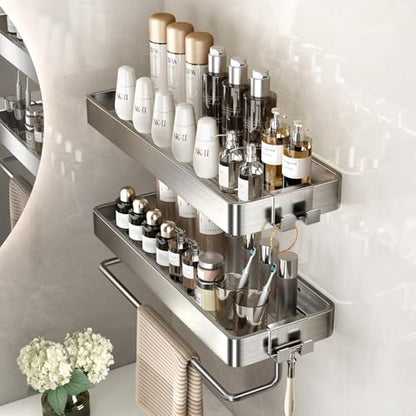 Stainless Steel Wall Mounted Bathroom Shelves - 2-Tier Floating Shelf with Removable Hooks (Brushed Nickel) - color: Brushed Nickel(rectangular)