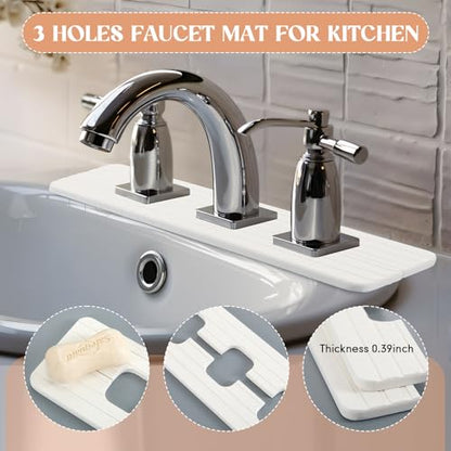 Teenyyou 3 Square Hole White Faucet Mat Kitchen Sink 16.14" x 4.49" | Bathroom Faucet Absorbent Mat,Diatomite Splash Guard,Quick Drying Drip Catcher,Hole 1.97",Holes Spaced About 1.97" - color: White, style: 3 Square Hole
