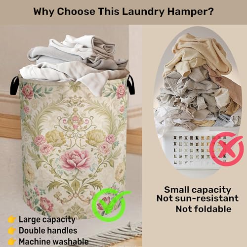 Shabby Chic Rose Laundry Basket with Handles - Extra Large Foldable Hamper for Bathroom/Laundry/Bedroom/Dorm, Washable Fabric Storage Bin - color: Shabby Chic Rose