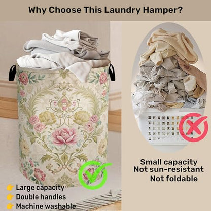 Shabby Chic Rose Laundry Basket with Handles - Extra Large Foldable Hamper for Bathroom/Laundry/Bedroom/Dorm, Washable Fabric Storage Bin - color: Shabby Chic Rose