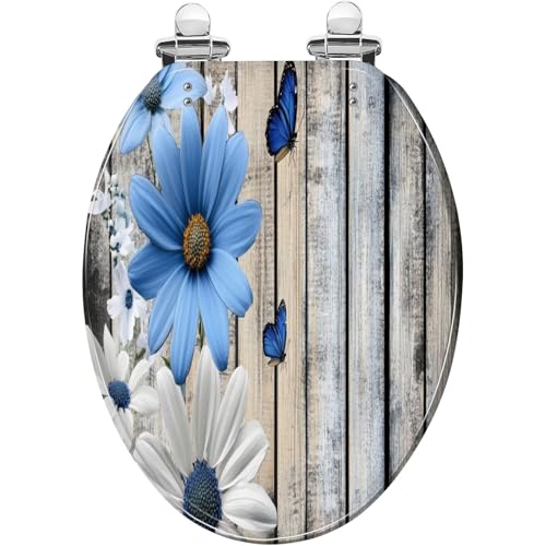 Elongated Toilet Seat Flower Shower Daisy Wild Rustic Floral Blue Flowers White Daisies Art Resin Toilet Seat with Cover Easy to Install Quietly Close Quick Release Hinges Decorative - color: pattern8, size: V-shape