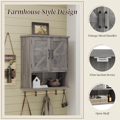 Smuxee Farmhouse Bathroom Cabinet Wall Mounted, Washed Grey Small Medicine Cabinet with Adjustable Shelf, Bathroom Cabinet for Living Room, Laundry Room - color: Washed Grey, size: Small