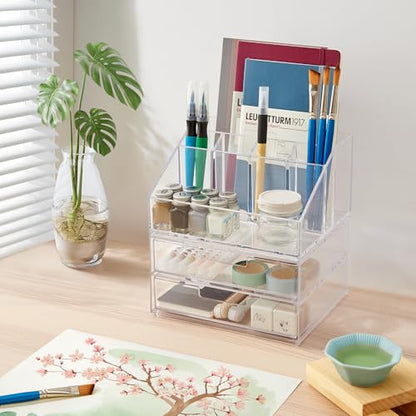 STORi Stackable Desk and Drawer Organizer, Clear Pen Pencil Makeup Brush Holder for Desktops and Vanities, 6 Compartment Caddy with 2 Wide Drawers (Made in USA) - style: Organizer & Drawer Set