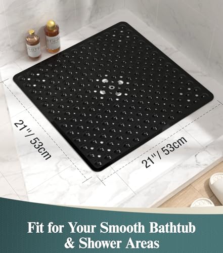 HITSLAM 21x21 Inch Square Shower Mat Non Slip, Anti Slip Bathtub Mat with Strong Suction Cups & Drainage Holes, Machine Washable Bathroom Floor Mat for Inside Shower Stall and Tub, Black - color: Black