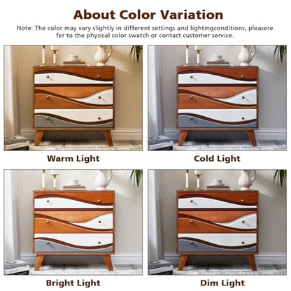 Ahokua 3-Drawer Dresser with Sculpted Wave Fronts, Tri-Color Drawer Design, Modern Chest of Drawers Storage Cabinet for Bedroom, Living Room, Hallway, or Office