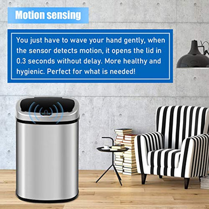 HGS Kitchen Trash Can Garbage Can Waste Bin 13 Gallon Trash Can Stainless Steel with Lid Touch Free Automatic Sensor Garbage Bins 50 Liter Large Capacity Can for Home Bathroom Office Bedroom