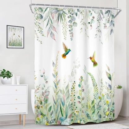 Sage Green Eucalyptus Spring Hummingbird Plants Bathroom Shower Curtain Set | 54"W x 78"H Botanical Leaves; waterproof HD print, quick-dry fabric with 12 free hooks for easy hanging. - color: A-sage Green, size: 54"W x 78"L (Pack of 1)