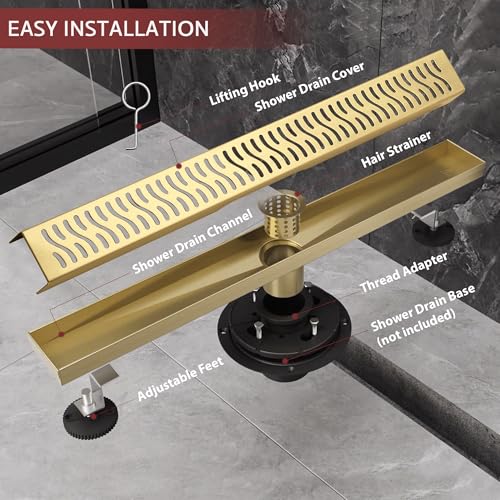 Linear Shower Drain, 32 inch Brushed Gold | Including Hair Catcher and Removable Grate, 304 Stainless Steel, Easy to Install and Clean (Drain Base Not Included) - color: Brushed Gold, size: 32 inch