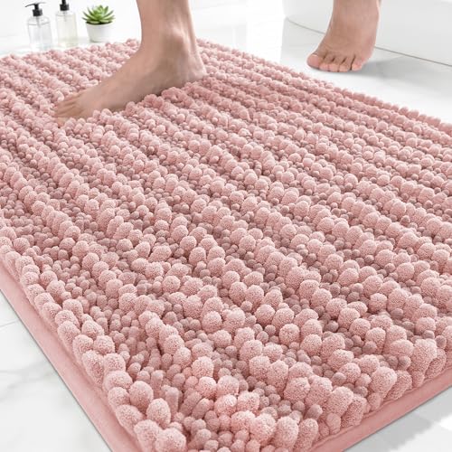Yimobra Bathroom Rugs Non Slip Washable - Ultra Soft Absorbent Chenille Bath Mat, Quick Dry Shaggy Floor Carpet for Tub Shower, Light Pink Home Decor Accessories, 24x17 Inch - color: Light Pink, size: 24" X 17"