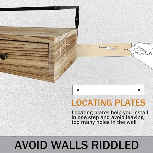 dreampossible 2-Pack Rustic Floating Shelves with Drawer, Wall Mounted Bathroom Shelf, 15.8 Inch Long, Brown Wood & Metal, 30 lbs Capacity - color: Brown, size: 15.8 Inch Long