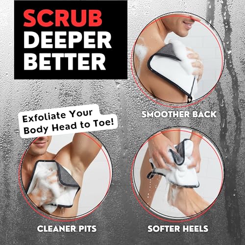 Double-Sided Exfoliating Washcloth, Body Scrubber for Shower, Hand Pocket | Rough & Soft Texture, Fast Drying, Deep Clean, Smooth Skin, Men or Women, 2 Count Pack, Bye Bye Loofah