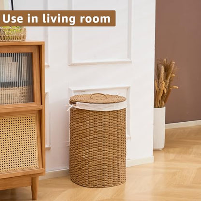 Round Wicker Laundry Hamper with Lid Handwoven Rattan Basket with Handles for Dirty Clothes, 2 Washable Liner Bags, No Assembly Required, Washable Basket, 60L - color: Rattan, size: 60L