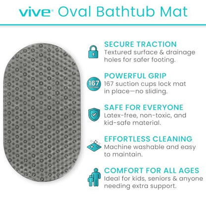 Vive Oval Bathtub Mat - Nonslip Shower Floor Pad - Non-Slip and Non-Skid for Bath Tub with Strong Rubber Suction Cup Grip - for Baby, Elderly, Kids, Bathroom (Gray) - color: Grey