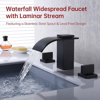 SUMERAIN Matte Black 8 Inch Widespread Waterfall Bathroom Sink Faucet | 3 Hole, 2 Handles, Modern Design, Easy DIY Installation - color: Matte Black