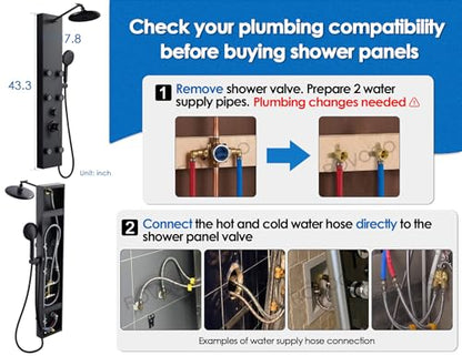 ROVOGO Shower Panel Tower System Stainless Steel, 43.3 Inch, Matte Black | Height Adjustable Shower Arm, Self-Cleaning Shower Head, 5-Setting Handheld, 6 Body Jets, W/ Brass Mixing and Diverter Valve - color: All Black