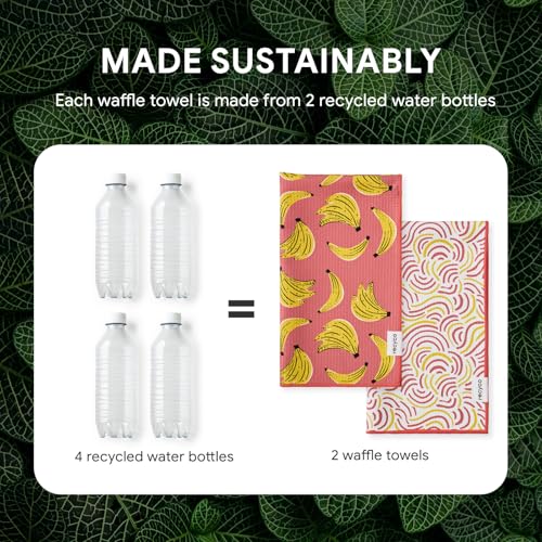 RECYCO Waffle Kitchen Towel Set of 2 - Quick Dry Microfiber Sustainable Dish Towels - Ultra Absorbent Reusable Cleaning Tea Towels - Lightweight Hand Towels,16”x 28”, Banana Joy - color: Banana Joy