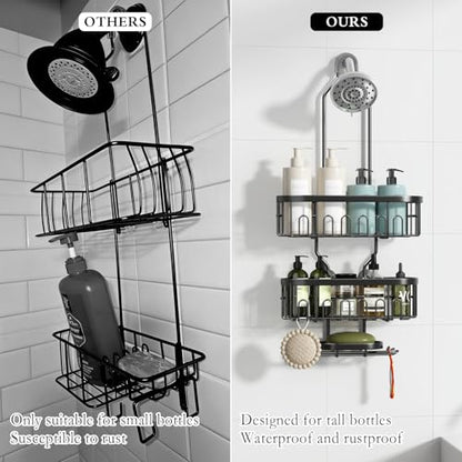 CICUFY Shower Caddy Hanging, Rustproof Bathroom Shower Organizer Hanging, No Drilling Over the Shower Head Caddy with Hooks for Razor, Shower Shampoo Holder with Soap Basket, Black