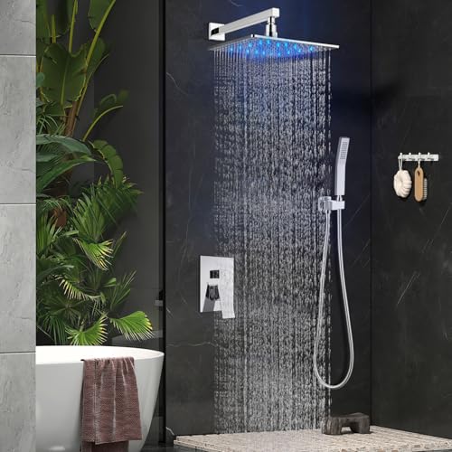 Aolemi Shower Faucet Set with Valve Handheld 16" LED Head Polish Chrome | Handheld Spray,16 Inch Rain LED Head,Valve and Trim Kit,All Metal,Wall Mount Shower System,Bathroom Mixer - color: Chrome, size: 16 Inch LED Shower Head