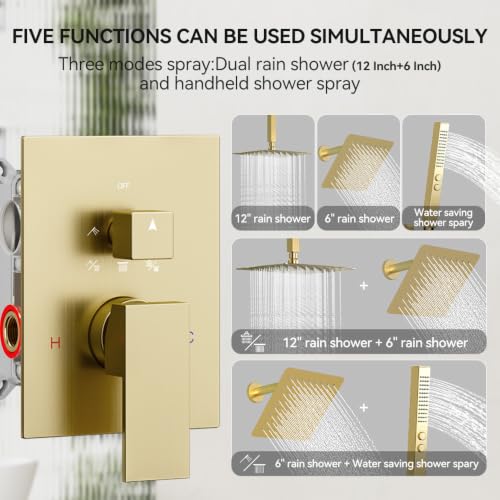 STARBATH Shower Faucet Set Shower System with Diverter Valve, Brushed Gold | 12 Inch Ceiling Mount Rain Shower Head, 6 Inch Wall Mount Rainfall Shower Head and Handheld Spray for Two Person - color: Gold, size: 12"+6"-02