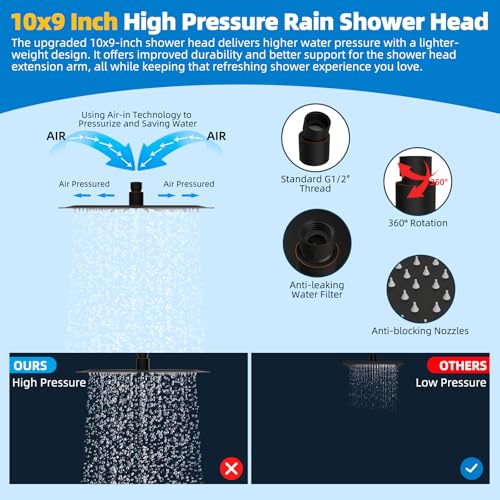 Hibbent All Metal cUPC Certified Shower Head, 10'' High Pressure Rainfall Showerhead Combo, Handheld Shower Wand, 12'' Adjustable Extension Arm, 4-Spray, 71'' Hose, Shower Holder, Oil Rubbed Bronze - color: Oil Rubbed Bronze, style: Square 10''