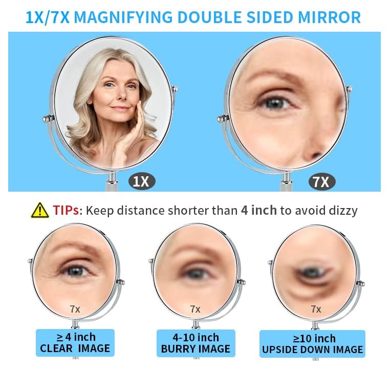 Silver Makeup Mirror 1X/10X Free Standing 8 Inches 360 Swivel Dual-Sided Tabletop Makeup Mirror, Metal - color: Chrome
