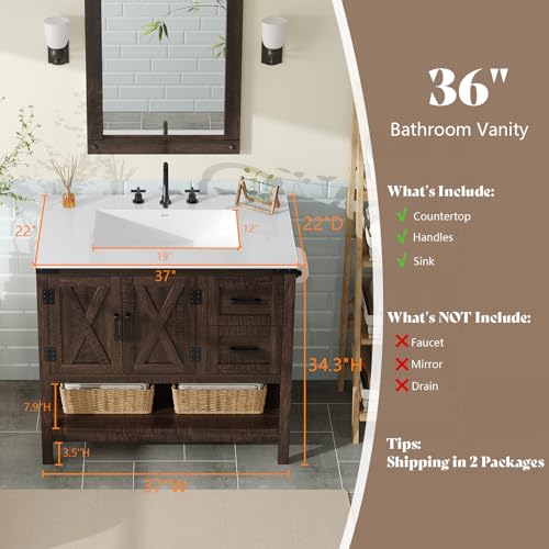 AMERLIFE 36" Brown Farmhouse Bathroom Vanity with Sink and 2 Drawers | Rustic Brown, Single Solid White Integrated Top, Moisture-Resistant MDF, 2 X-Panel Doors, 2 Drawers, Open Shelf, Towel Holder - color: Rustic Brown, size: 36”