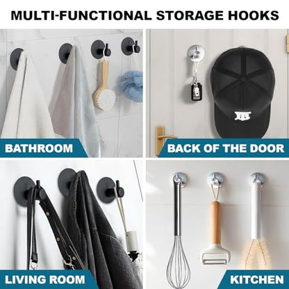 Towel Hooks for Bathroom (4 Pack) Adhesive Towel Hook Shower Hooks for Inside Shower - Sticky Bathroom Wall Hooks for Hanging Towels, Robe, Loofah, Bath Sponge - Matte Black Towel Hooks - color: Black