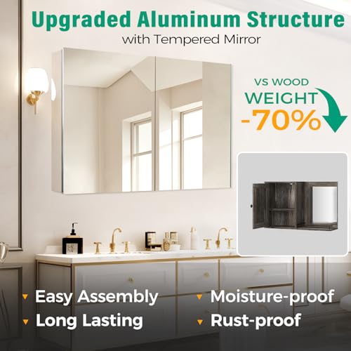 Medicine Cabinet Mirror,Bathroom Mirror with Storage 24 x 32 in | Bathroom Medicine Cabinet With Mirror And Adjustable Shelves, Aluminum Recessed or Wall Mounted Medicine Cabinets - size: 24 x 32 inches